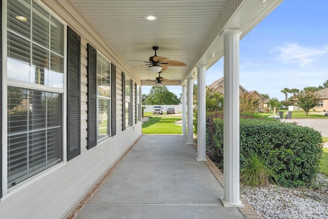 view of patio / terrace featuring ceiling fan and covered porch