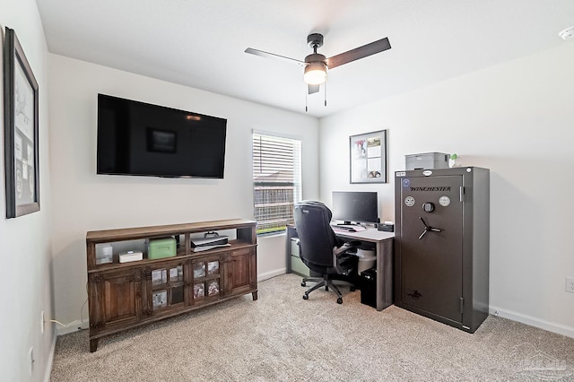 4366 White Cedar Ct, Pace, FL 32571 - home office featuring light carpet, a ceiling fan, and baseboards