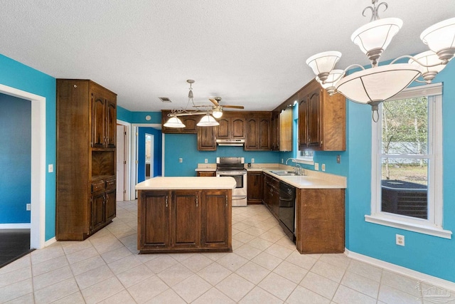 kitchen with visible vents, under cabinet range hood, a kitchen island, stainless steel electric stove, and light countertops