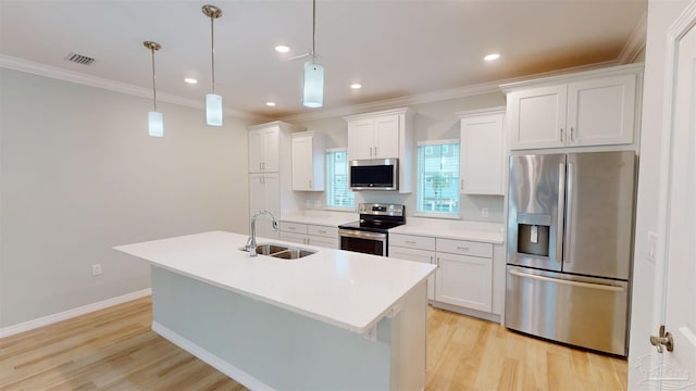 kitchen with appliances with stainless steel finishes, sink, pendant lighting, light hardwood / wood-style flooring, and white cabinetry