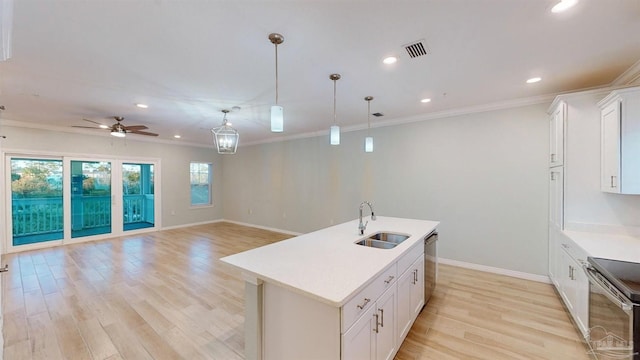 kitchen with pendant lighting, a kitchen island with sink, white cabinets, sink, and appliances with stainless steel finishes