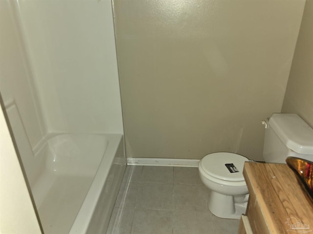 bathroom with toilet, baseboards, walk in shower, a tub, and tile patterned floors