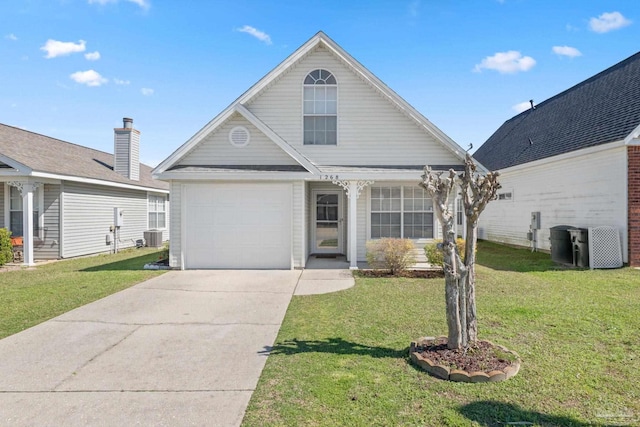 view of front of property with central AC unit, concrete driveway, and a front yard