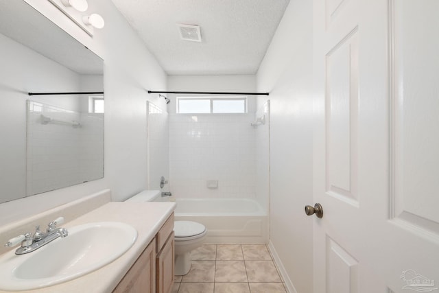 bathroom featuring visible vents, toilet, tile patterned flooring, a textured ceiling, and shower / washtub combination