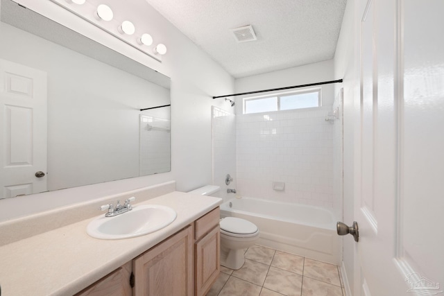 full bath featuring visible vents, toilet, a textured ceiling,  shower combination, and tile patterned flooring