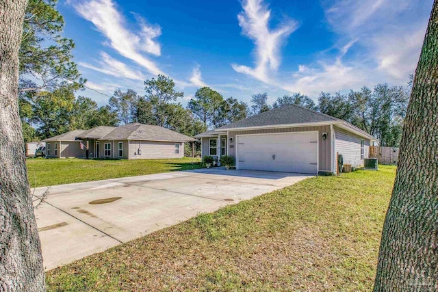 single story home featuring an attached garage, cooling unit, driveway, board and batten siding, and a front yard