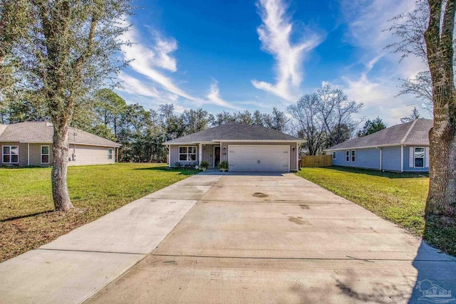 ranch-style home featuring a garage, driveway, a front lawn, and fence