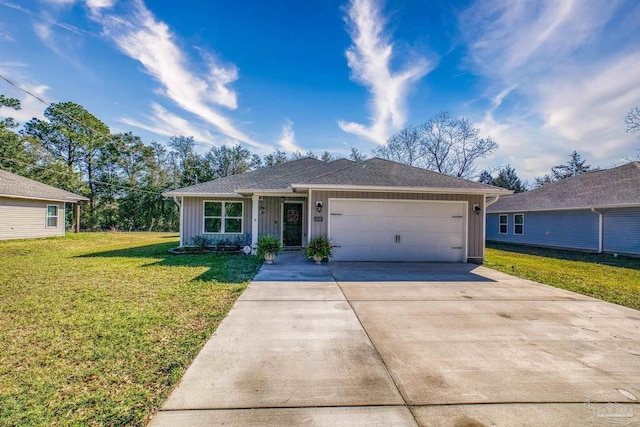 ranch-style home featuring an attached garage, concrete driveway, roof with shingles, a front lawn, and board and batten siding