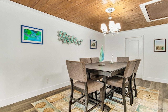 dining area with wooden ceiling, crown molding, baseboards, and wood finished floors