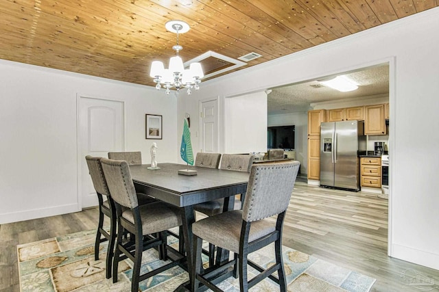 dining area with visible vents, wood ceiling, and an inviting chandelier