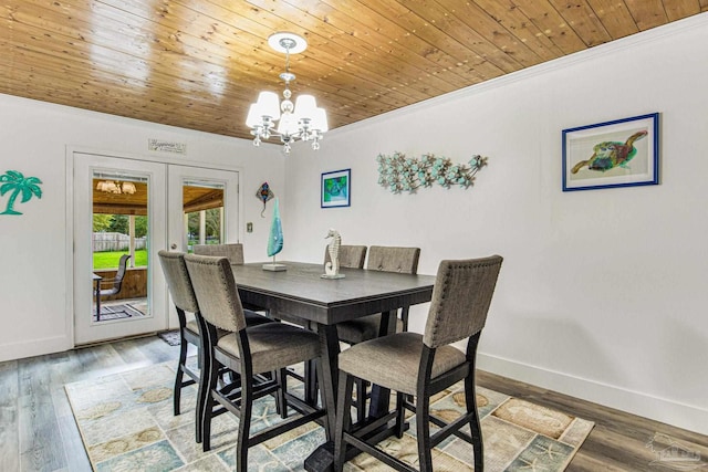 dining space with light wood finished floors, baseboards, wood ceiling, french doors, and a notable chandelier