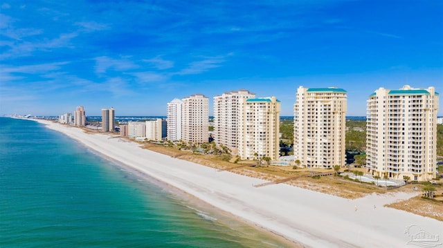 birds eye view of property featuring a water view and a view of the beach