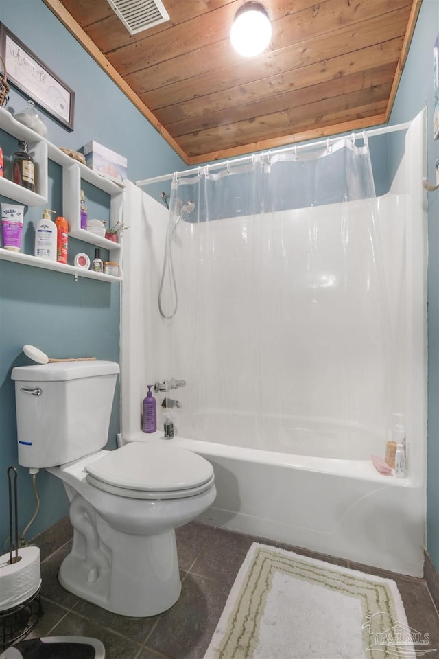 full bath with shower / bath combo, wooden ceiling, toilet, and tile patterned floors