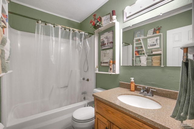 full bathroom with shower / tub combo with curtain, vanity, toilet, and a textured ceiling