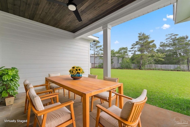 view of patio / terrace with a fenced backyard, outdoor dining space, and ceiling fan