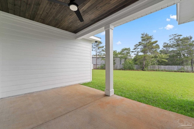 view of patio / terrace with a fenced backyard and ceiling fan