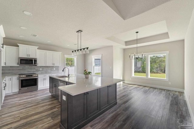 kitchen with a sink, dark wood-style floors, a notable chandelier, stainless steel appliances, and white cabinetry