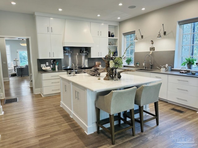 kitchen featuring wood-type flooring, premium range hood, an island with sink, and white cabinets