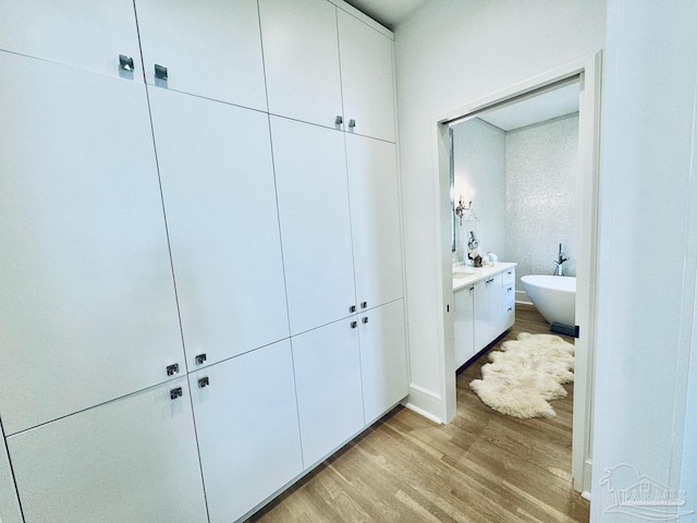 interior space featuring a bathtub, hardwood / wood-style floors, and vanity