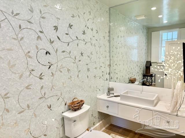 bathroom with vanity, hardwood / wood-style floors, and toilet