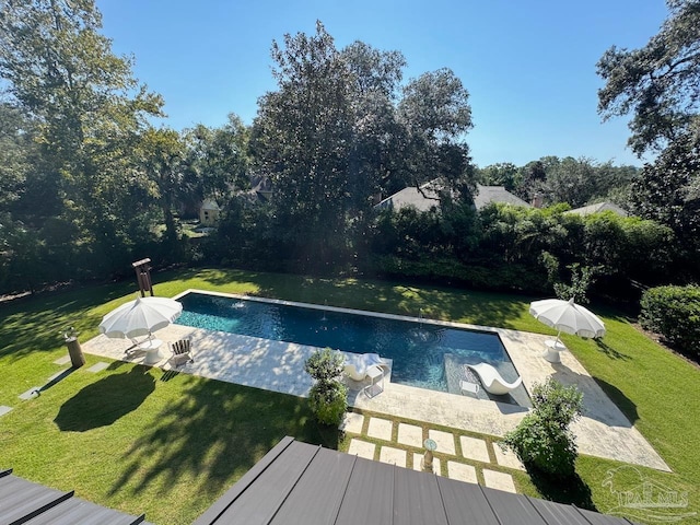 view of swimming pool with a yard and a patio area