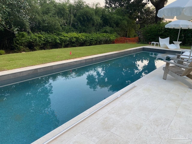 view of swimming pool with a patio area and a lawn