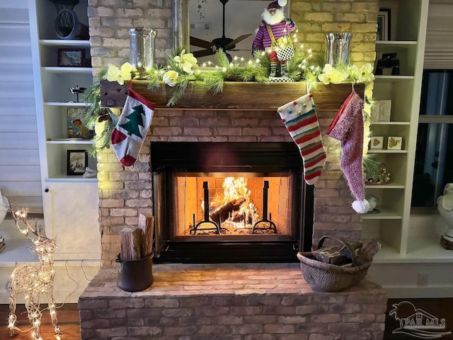 exterior details with a brick fireplace and built in shelves