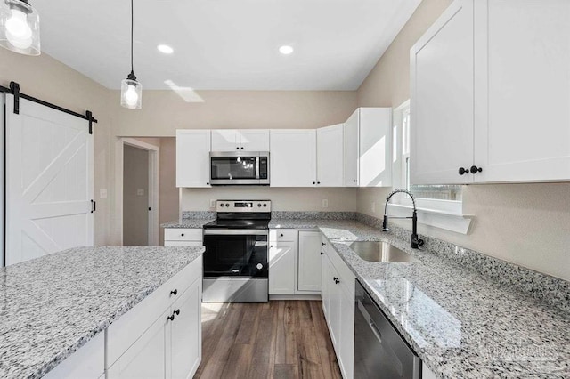 kitchen with sink, hanging light fixtures, a barn door, dark hardwood / wood-style floors, and appliances with stainless steel finishes