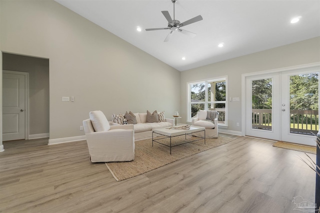 2098 Anna Ct, Milton, FL 32583 - living area featuring high vaulted ceiling, baseboards, light wood-type flooring, ceiling fan, and recessed lighting