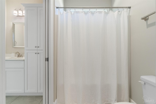 2098 Anna Ct, Milton, FL 32583 - bathroom featuring toilet, tile patterned flooring, vanity, and a shower with shower curtain