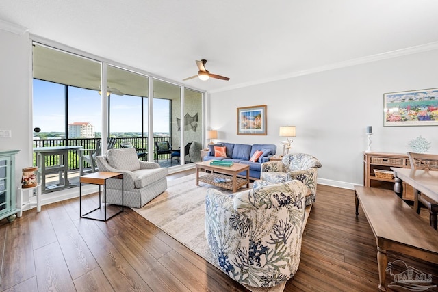 612 Lost Key Dr Unit 702-B, Pensacola, FL 32507 - living room with ornamental molding, floor to ceiling windows, hardwood / wood-style flooring, and a ceiling fan