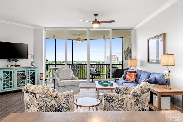612 Lost Key Dr Unit 702-B, Pensacola, FL 32507 - living room featuring expansive windows, crown molding, wood finished floors, ceiling fan, and plenty of natural light