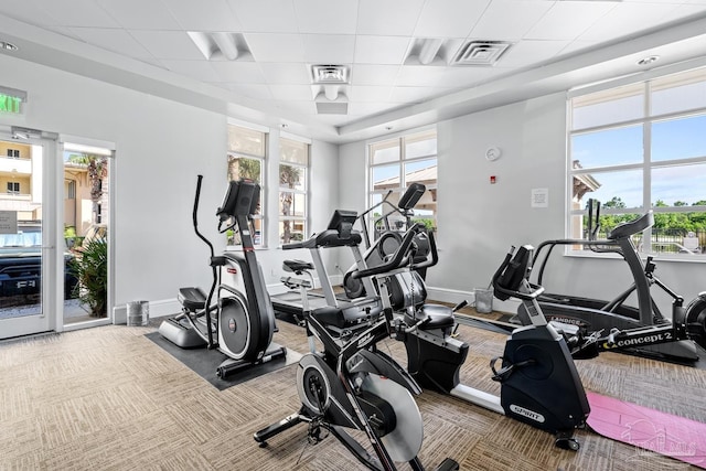 612 Lost Key Dr Unit 702-B, Pensacola, FL 32507 - exercise room featuring baseboards, carpet flooring, and a paneled ceiling