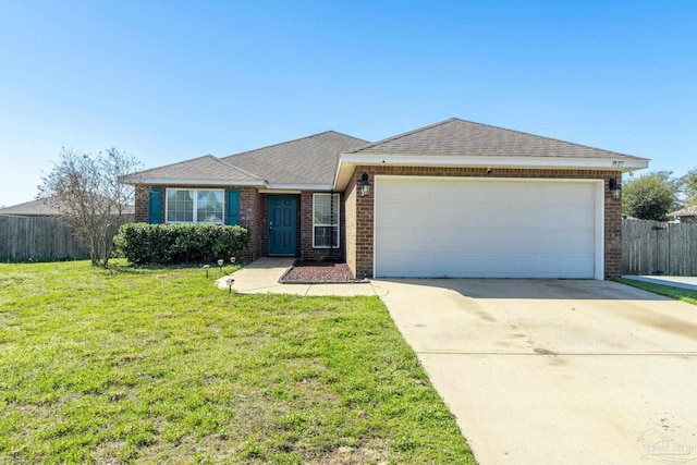 ranch-style house featuring brick siding, an attached garage, driveway, and a front lawn