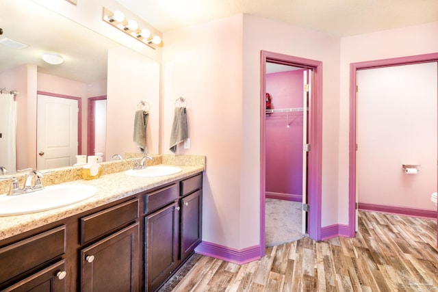 bathroom with double vanity, wood finished floors, baseboards, and a sink