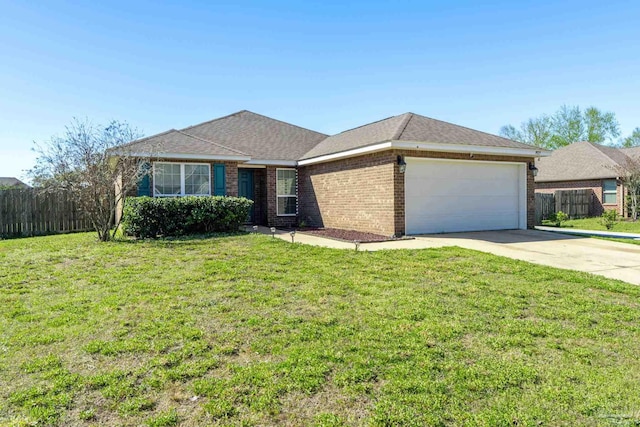single story home with fence, concrete driveway, a front lawn, a garage, and brick siding
