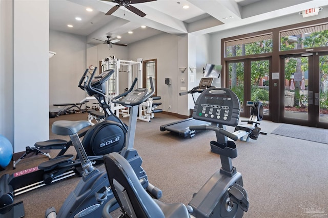 1430 Regency Rd Unit H103, Gulf Shores, AL 36542 - exercise room featuring a ceiling fan, recessed lighting, beam ceiling, french doors, and carpet floors