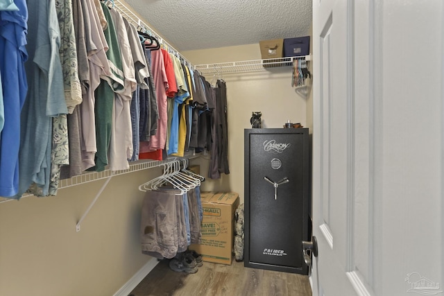 walk in closet with wood finished floors