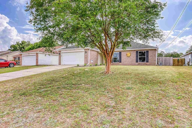 ranch-style house featuring concrete driveway, brick siding, fence, and a front yard