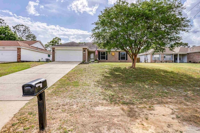 ranch-style house with a front lawn, driveway, brick siding, and a garage