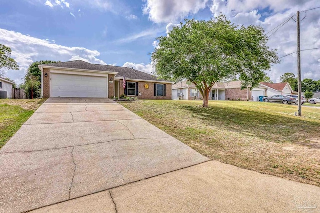 ranch-style home with a front lawn, driveway, brick siding, and a garage