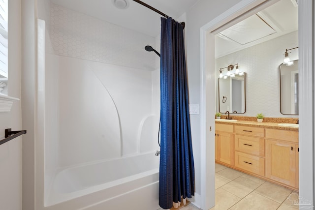 bathroom featuring shower / bath combo, tile patterned flooring, and double vanity