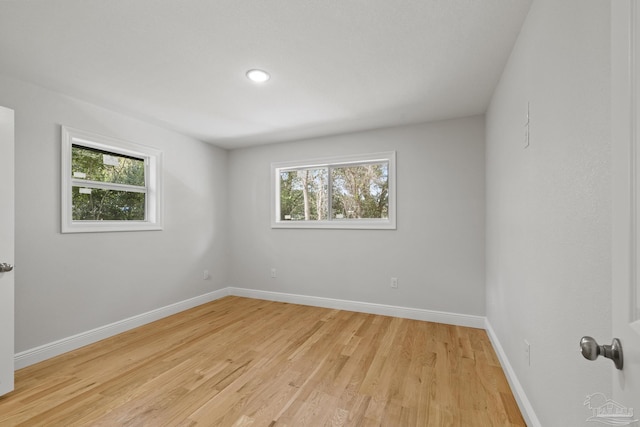 spare room with a wealth of natural light, light wood-type flooring, and baseboards