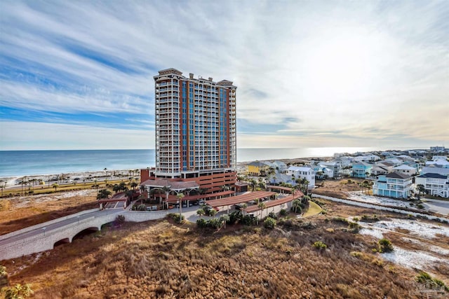 drone / aerial view with a water view