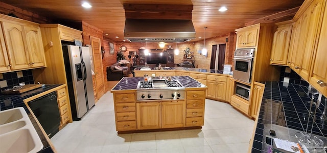 kitchen with light tile patterned flooring, wooden ceiling, light brown cabinetry, and stainless steel appliances