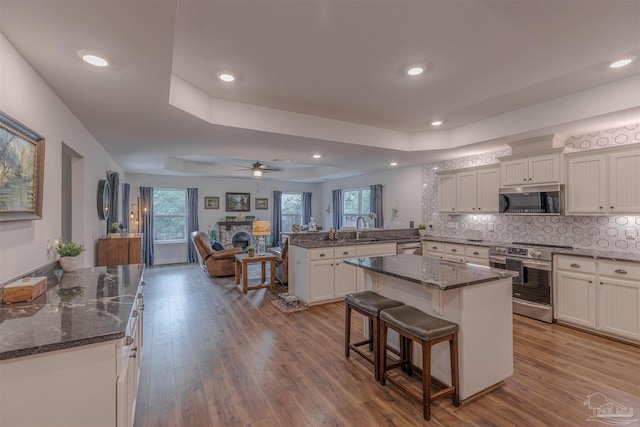 kitchen featuring a peninsula, a fireplace, ceiling fan, a sink, and appliances with stainless steel finishes