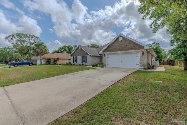 view of front of home with concrete driveway, brick siding, an attached garage, and a front lawn