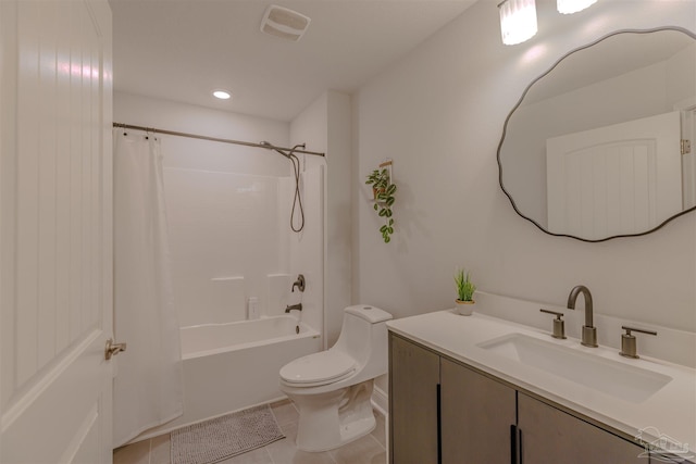 full bath with visible vents, tile patterned floors, vanity, toilet, and shower / tub combo with curtain
