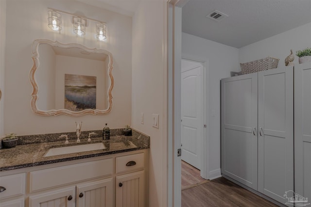 bathroom with visible vents, wood finished floors, and vanity