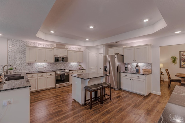 kitchen with dark wood-style flooring, a sink, a raised ceiling, dark stone counters, and stainless steel appliances